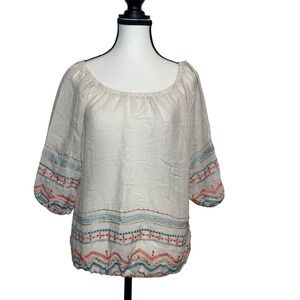 Bobeau Embroidered Peasant Top Bohemian Blouse‎ 3/4 Sleeve Medium Relaxed Flowy